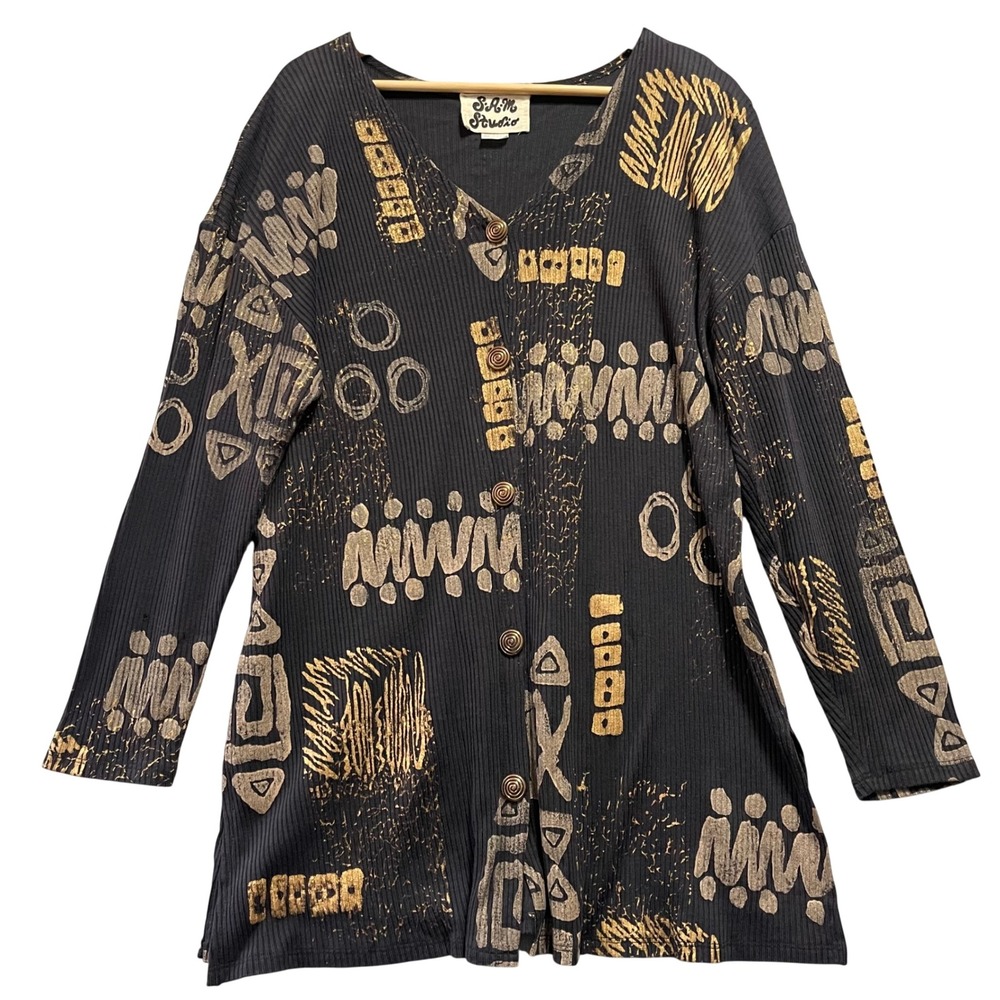 S.A.M. Studio Cardigan Large Black Gold Abstract‎ Tribal Ribbed Knit Vintage